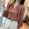 Women's Blouses High Quality Satin Silk Shirt Elegant OL Office Ladies Top LONG Sleeve O-neck Basic Turn-down Collar Solid Button