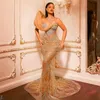 Shine Gold Aso Ebi Prom Dresses Mermaid Sheer Neck Tulle Lace Beaded Prom Dresses for Special Occasions African Second Reception Formal Gowns Engagement NL019