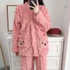 Women's Sleepwear Cute Women Pajamas Set Winter Fleece 2 Piece Pant Pocket Home Suit Fluffy Piiama Warm Button Fashion Night Wear 2023