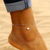 Tobillera con colgante en capas de corazón simple, joyería para pies con cuentas, tobilleras de playa de verano a pie, pulseras de tobillo para mujer, cadena de pierna 1227t