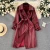 Women's Trench Coats Autumn Coat Fashion PU Leather Jackets Ladies Lapel Neck Long Sleeves Double Breasted Vintage Out Wear Thick