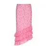 Rokken Asymmetrische Zoete Roze Mesh Rok Dames Kleine Bloemenprint Ruches Midi Feestdagen Coquette Drielaagse onderkant