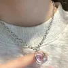 Pendant Necklaces Pink Crystal Heart Necklace Fashion Y2K Kpop Shiny Clavicle Chain For Women Girls Trend Party Jewelry