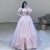 Feestjurken Senior Roze Vrouw Cocktail Sequare Kraag Pofmouwen Tule Korte Vloerlengte Quinceanera Bruiloft Roosterjurk