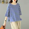 T-shirt da donna 2023 Summer Fashion Art Girocollo Stripe Casual Allentato Semplice Pendolare Versatile T-shirt oversize a tre quarti