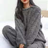 Conjunto de pijama feminino de lã, roupa de dormir macia e quente com gola alta, calças confortáveis, estilo coreano, roupa de noite