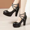 Dress Shoes Small Size 32-43 Black Rhinestone Gladiator Thick Bottom Platform Pumps 2023 Block High Heels For Office Party Model