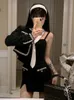 Tvådelad klänning Elegant Vintage 2 Set Black Suit Short Jacket Sexig Spaghetti Strap Mini Spring Autumn Party Korean Chic Outfits 231218