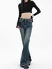 Frauen Jeans Burr Edge Design Hohe Taille Micro Flared Hosen Casual Blau Vintage American Street Weibliche Gerade Denim Hosen