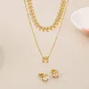 Necklace Earrings Set 2pcs/set Crystal Glass Stainless Steel Stud For Women Girl Gold Color Double Chain Party Wedding