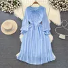 Casual Dresses Elegant French Spring Autumn Blue Chiffon Dress For Women Lace Up O Neck Pleated Flare Sleeve High Waist Party Midi Clothes