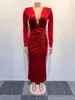 Casual Dresses Red Gold Metallic Ruched Wrap Bodycon Maxi Dress Women Long Sleeve Deep V-neck High Waist Night Party Evening Gown