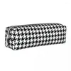 Cosmetic Bags Retro Houndstooth Square Pencil Case Abstract Checkered University Cool Leather Box For Child Zipper Pen Organizer