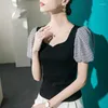 Dames T-shirts Hoge kwaliteit 2023 Vrouwen Tops Splice Lattice Design Spring Summer T-shirt Vrouwelijke kleding Sexy Crop Top Kleding Casual