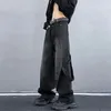 Calças de brim masculinas soltas moda coreana com zíper calças casuais calças de carga preta punk streetwear homem harajuku denim hip hop b183
