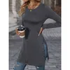 Casual Dresses Vintage Autumn Clothes Solid Color Long Sleeve Crew Neck Patchwork Button SLIT SLIM HIGH MISTED PUCKOVER MINI DRESS