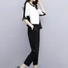 Women's Two Piece Pants Casual Outfit O-Neck Batwing Half Sleeve Mid-rise Pockets Activewear Patchwork Color Tee Top Straight Leg Matching