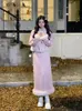 2 피스 드레스 겨울 핑크 따뜻한 재킷 정장 한국 패션 가짜 모피 2 피스 스커트 세트 여성 캐주얼 Y2K 블레이저 코트 미니 스커트 세련된 231215
