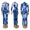 Denim Print Two Piece Set Women Casual Shirt Top and Wide Leg Pants Sets 2Pcs Outfits Free Ship