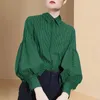 Women's Blouses Vintage Blouse Women 2023 Autumn Spring Elegant Fashion Lantern Sleeve Shirt Lady Lapel Loose Striped Tops Green Button Up