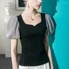 Dames T-shirts Hoge kwaliteit 2023 Vrouwen Tops Splice Lattice Design Spring Summer T-shirt Vrouwelijke kleding Sexy Crop Top Kleding Casual