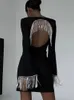 Basic Casual Dresses Metal Tassel Dres Cut Out Backless Flare Sleeve Square Collar Female Party Club 2023 Elegant Black Lady Robe 231218