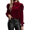 Roupas étnicas Womens Mock Neck Puff Manga Longa Veludo Tops 2023 Outono Inverno Dressy Casual Elegante Camisas Blusa Mulheres Tees Pack