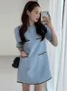 Party Kleider Frauen Koreanische Chic Sommer Einfache Rundhals Kontrast Farbe Trim Tasche Design Lose Kurzen ärmeln Tweed Kleid