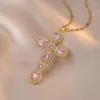 Collane con ciondolo Luxury White Pink Zircon Big Cross Pendenti Clavicola per donna Catene in acciaio inossidabile Collana Gioielli per feste di compleanno