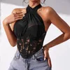 Women's Tanks Sexy Cross Camisole Backless Lace Mesh Tank Top Summer Sleeveless Hollow Out Corset Push Up Bra Vest Women Aesthetic Camis