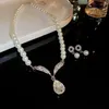 Necklace Earrings Set Luxury Rhinestone Waterdrop Pearl Choker For Women French Temperament Jewelry