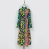 Australian designer dress, vacation style linen long dress, color blocking print, flared sleeve tie up waist cinching dress