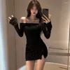 Casual Dresses One-shoulder Dress Women's Slim With Diamonds Long Sleeves Irregular Bag Sexy Tie Hip Skirt Spring And Autumn Black