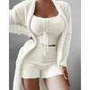 Women's Sleepwear 2023 Autumn Winter Clothing Solid Color Plush Three-Piece Lace-up Pajamas Suit Casual Homewear