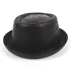 Boinas 2SIZE Men Leather Fedora Hat Dadve Porco Pie Boater Top Flat para Gentleman Bowler Gambler