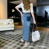 Saias Designer P Triângulo Cinto Trendy Split Denim Midi Saia Longa com Design de Patchwork Não Gorduroso para Mulheres Casuais de Cintura Alta Y9IF