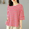 T-shirt da donna 2023 Summer Fashion Art Girocollo Stripe Casual Allentato Semplice Pendolare Versatile T-shirt oversize a tre quarti