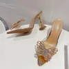 Slippers 2023 Women Summer High Heels Sexy Street Woman Crystal Bowknot Pointed Toe Dress Shoes PVC Transparent Sandals