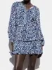 Women's Two Piece Pants RDMQ 2023 Women Printed Lapel Casual Short Shirt Half Open Collar Long Sleeved Top Loose Wide Leg Set Ruffle Edge