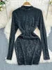 Casual Dresses Foamlina Elegant Glittering Sequin Dress Women Sexy Stand Collar Long Sleeve Polka Dot Shinny Bodycon Mini Club Party