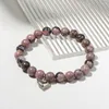 Strand Heart Charm 8mm Rose Quartz Rhodonite Natural Stone Bead Elastic Bracelet For Women