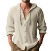 Camisetas masculinas com botões de manga comprida sólida de algodão e linho com capuz
