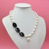Choker Classic. Retro. Bosnian Style Women's Jewelry. Natural 10MM White Baroque Pearl And Black Semi-Precious Necklace 19"
