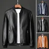 Men s Down Parkas Men Fall Winter Coat Faux Leather Windproof Stand Collar Zipper Closure Mid Length Elastic Cuff Motorcycle Jacket 231218