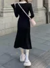 Casual Dresses Knit Women's Dress Doll Collar Elegant Long Sleeve Buttun Slim Female 2023 Autumn Winter Fashion Ruffle Midi Lady Robe