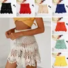 Kleider Cc Candy Farbe handgemachte Häkelarbeit Krawatte Rock Frauen hohe Taille Minikleid Damen Sommer Strand Bikini Bottoms aushöhlen Cover-Ups