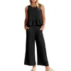 Pantalon de deux pièces pour femmes Mode Couleur unie Poche Ensembles de bureau Casual Femmes Lâche 2 pièces Ensemble Dames Sans manches Col rond Haut à volants Jambe large