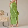 Jupes Sexy brillant fente luxe jupes longues femmes taille haute métallique vert mince Maxi jupe été élégant fête d'anniversaire vêtements 231216