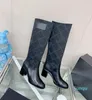 bottes pour femmes à talons épais, tissu denim à bout rond, coutures en cuir de vache et semelle en cuir véritable