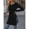 Casual Dresses Vintage Autumn Clothes Solid Color Long Sleeve Crew Neck Patchwork Button SLIT SLIM HIGH MISTED PUCKOVER MINI DRESS